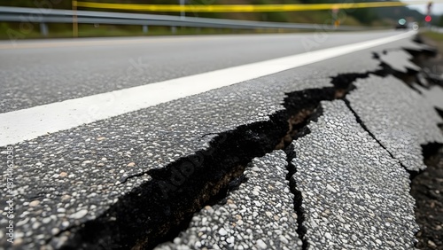 Closeup cracked asphalt road with jagged fault line filled with white gravel and roadside guardrail road damage