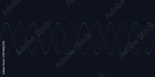 A vibrant digital waveform oscillates across a dark background with purple and green hues
