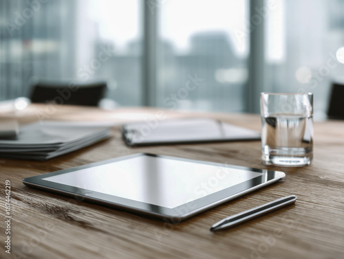 Wallpaper Mural Digital tablet with stylus pen on wooden desk alongside glass of water and paperwork in bright modern office environment with city view background Torontodigital.ca