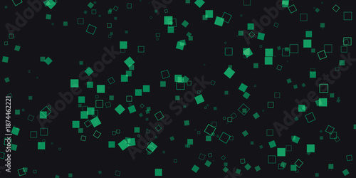 A vibrant digital illustration of green squares and diamonds on a dark background