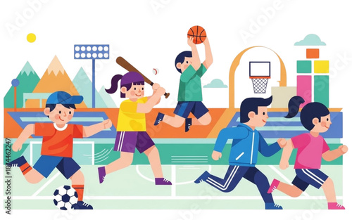Diverse kids vector illustration soccer baseball basketball running hurdles track.