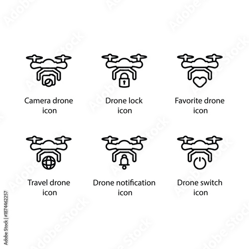 Camera drone, Drone lock, Favorite drone, Travel drone, Drone notification, Drone switch, icon
