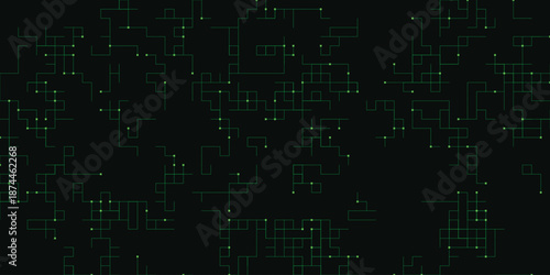 A dark background with a complex network of green lines and dots forming a futuristic digital pattern