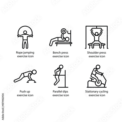 Rope jumping, Bench press, Shoulder press, Push up, Parallel dips, Stationary cycling, icon