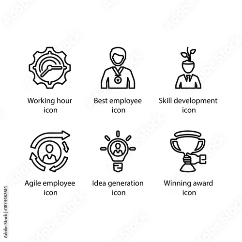 Working hour, Best employee, Skill development, Agile employee, Idea generation, Winning award, icon