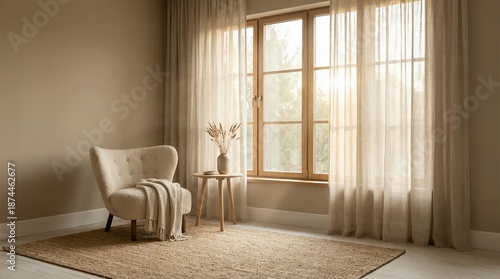 Photos Cozy Scandinavian Living Room Interior with Sheer Curtains, Plush Armchair, and