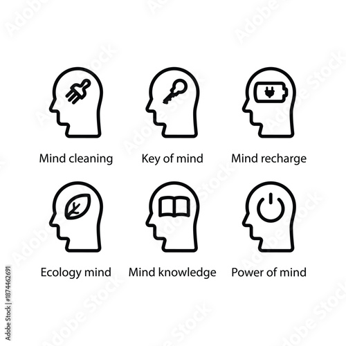 Mind cleaning, Key of mind, Mind recharge, Ecology mind, Mind knowledge, Power of mind, icon