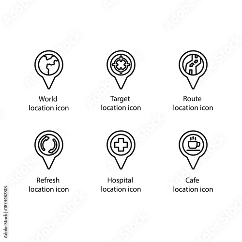 World location, Target location, Route location, Refresh location, Hospital location, Cafe location, icon