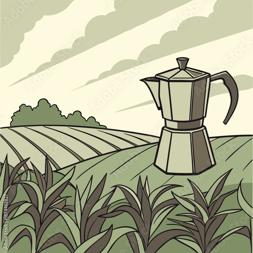 Coffee pot on green field with plants and clouds espresso maker
