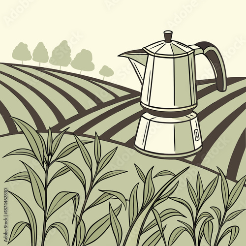 Coffee pot on a farm field with plants agriculture