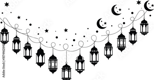 Islamic Decorative Garland Vector Featuring Hanging Lantern Silhouettes Crescent Moons and Stars on a Dotted Swirl String for Ramadan Kareem and Eid Mubarak Festive Celebration Design