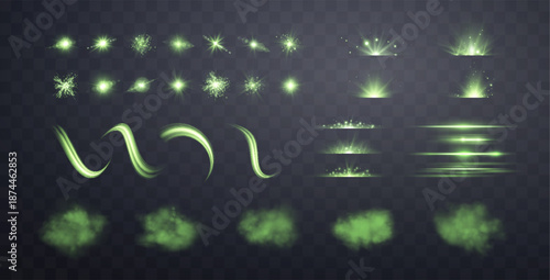 Green lens flares, lines, flashes and smokes set. Spotlight with rays or and bokeh. Glow flare light effect. Isolated on transparent background. Vector illustration.