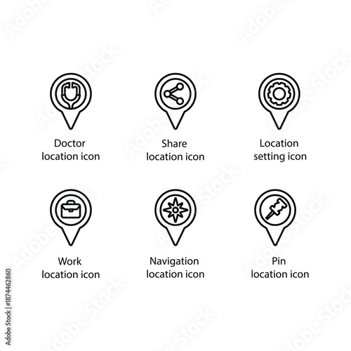 ADoctor location, Share location, Location setting, Work location, Navigation location, Pin location, icon