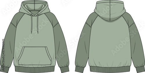 Fashion Technical Sketch of a Sage Green Raglan Sleeve Hoodie Featuring Front and Back Views with Contrast Panels Kangaroo Pocket and Ribbed Cuffs Apparel Vector Template