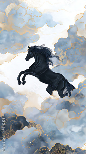 Majestic Black Horse Leaping Through Whimsical Sky: An Artistic Illustration in Ethereal Clouds