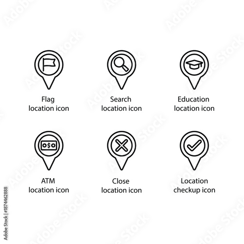 Flag location, Search location, Education location, ATM location, Close location, Location checkup, icon