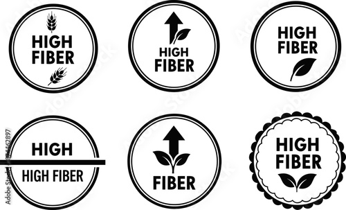 High fiber label icons, black and white design, nutrition symbols, healthy food packaging, dietary wellness, organic product tags, vector set