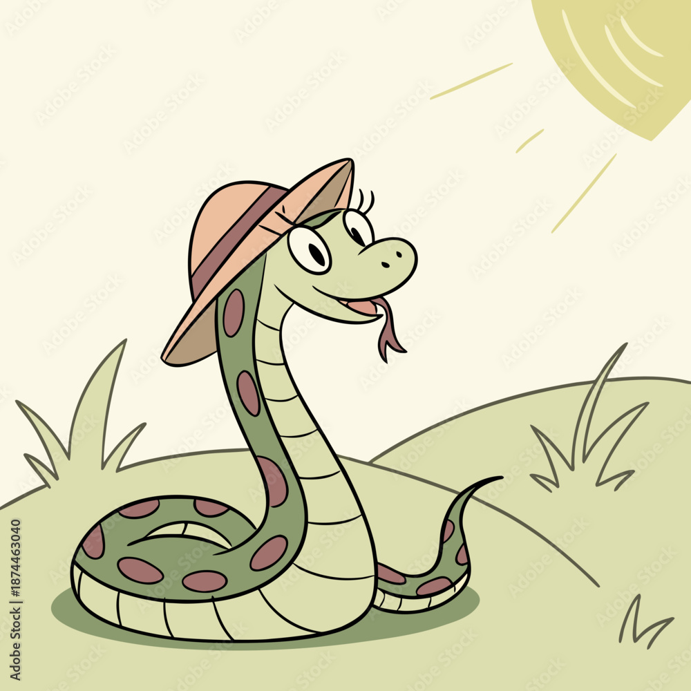 Fototapeta premium Cartoon snake wearing safari hat in grass green