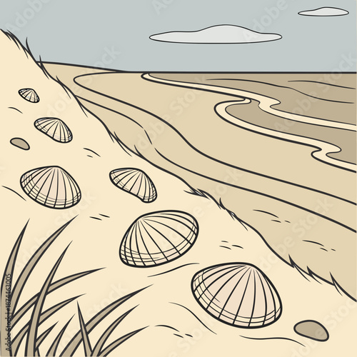 Beach scene with seashells and sand dunes grass