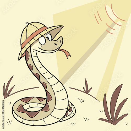 Cartoon cobra wearing pith helmet looking up at spotlight