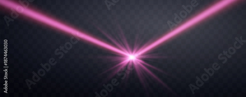 Pink horizontal laser beam. Neon line, presentation pointer. Pink glow flare light effect. Vector illustration. Isolated on dark transparent background.