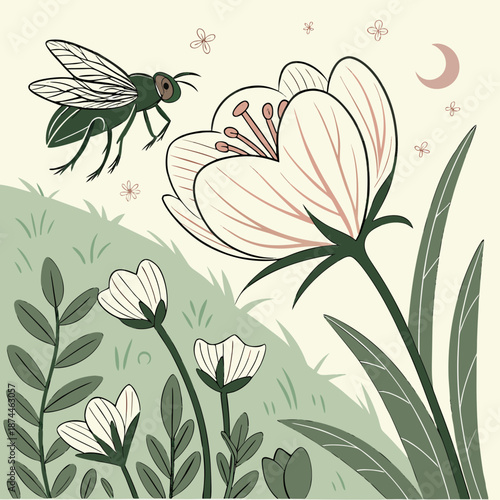 Green fly hovering over white flower with pink stripes