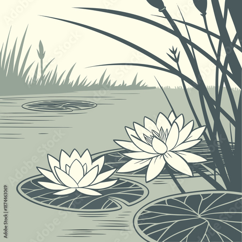 White lotus flowers on green pond with lily pads and reeds