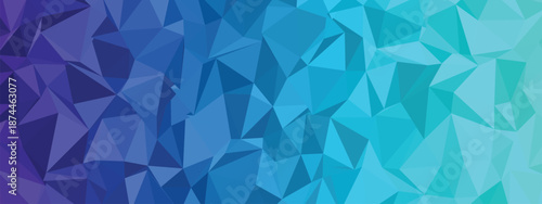 A vibrant polygonal background with a gradient of blue and purple hues