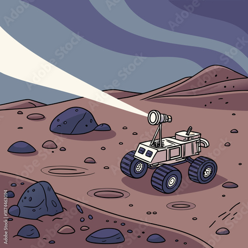 Cartoon Mars Rover on Rocky Terrain with Spotlight