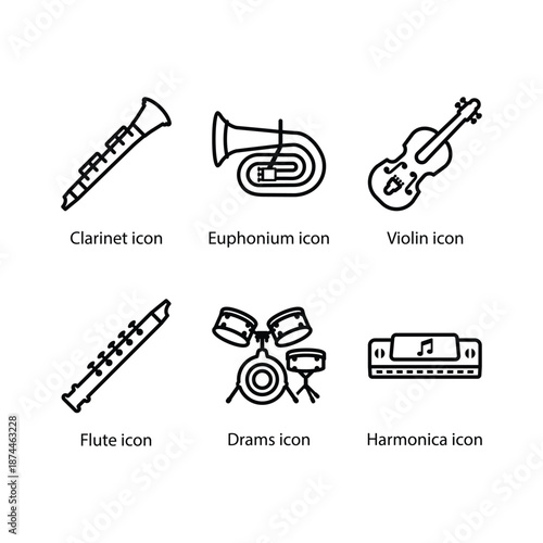 Clarinet, Euphonium, Violin, Flute, Drams, Harmonica, icon