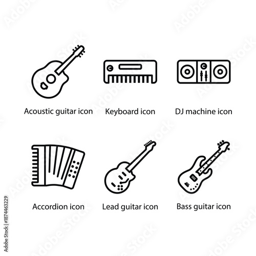 Acoustic guitar, Keyboard, DJ machine, Accordion, Lead guitar, Bass guitar, icon