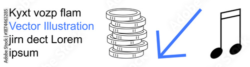 Personal finance, income flow, music industry, creativity, trade, investment. Stack of coins, a blue downward arrow and musical notes. Personal finance and income flow concept