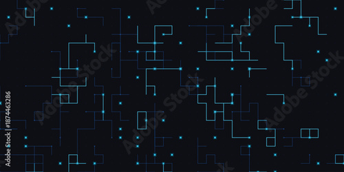 A futuristic digital illustration of a complex network of glowing blue lines and dots on a dark background