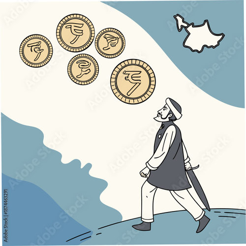 Indian man looking up at floating indian rupees indian currency