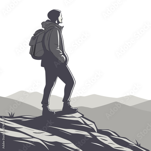 Lone hiker standing on mountain viewpoint edge cliff
