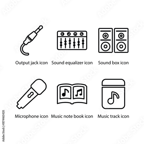 Output jack, Sound equalizer, Sound box, Microphone, Music note book, Music track, icon