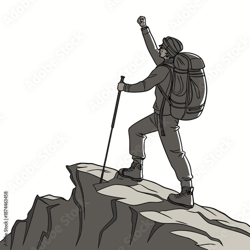 Backpacker reaching mountain viewpoint edge achie