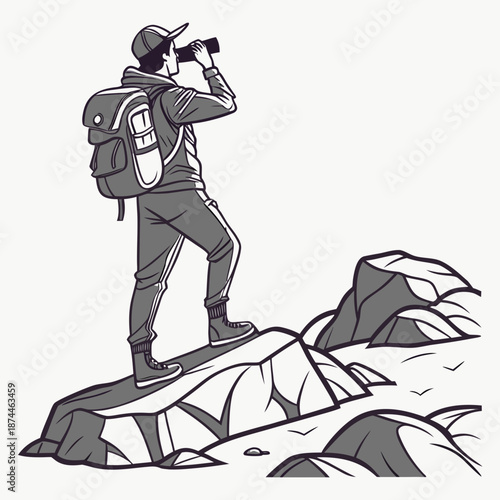 Traveler pausing on rocky outcrop with binoculars hiker
