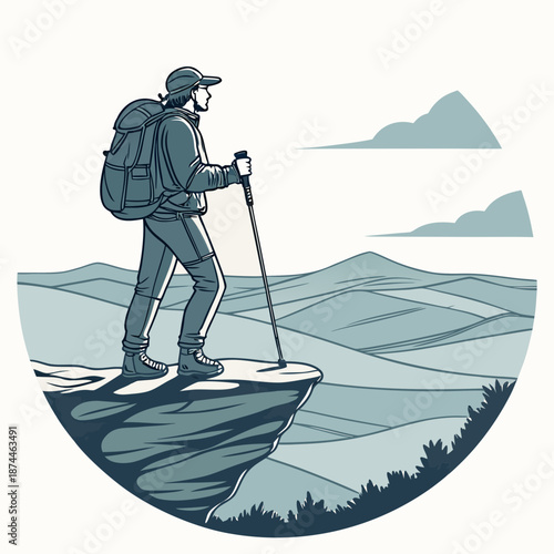 Hiker standing on cliff edge with trekking pole overlooking mountains
