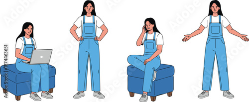 Set of flat vector illustrations featuring a young woman in blue overalls working on a laptop, talking on phone, and gesturing.