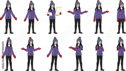 Set of flat vector illustrations featuring a young woman in purple winter jacket and blue beanie with various helpful hand gestures