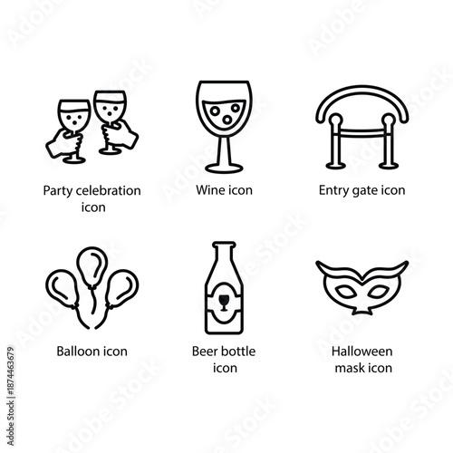 Party celebration, Wine, Entry gate, Balloon, Beer bottle, Halloween mask, icon