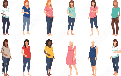 Flat vector illustration set of diverse pregnant women of different ethnicities standing in casual clothing, maternity health and pregnancy concept.