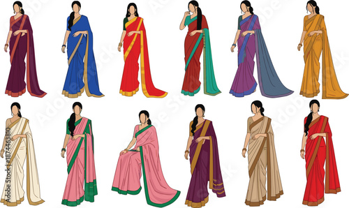 Diverse collection of Indian woman characters wearing colorful traditional saree outfits in various standing and sitting poses for cultural lifestyle designs