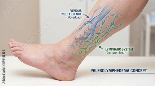 An artistic medical illustration of Phlebolymphedema concept, highlighting venous insufficiency and compromised lymphatic system.