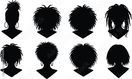 Collection of vector silhouettes depicting African American women with various natural hairstyles and earrings for beauty salon logo design