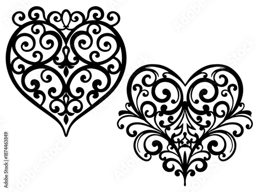 Vector Heart templates with floral filigree pattern for paper, laser cutting and vinyl cutting.