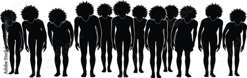 Vector illustration of large group of African American men silhouettes with afro hair bowing down in a row on white