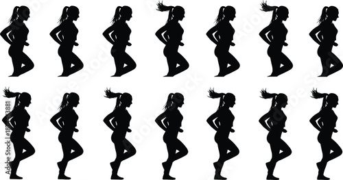 Vector illustration of running woman silhouettes sequence for animation sprite sheet isolated on white background for sport and fitness