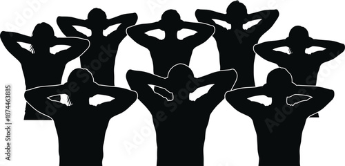 Vector illustration of large group of male silhouettes with hands behind heads standing together isolated on white background